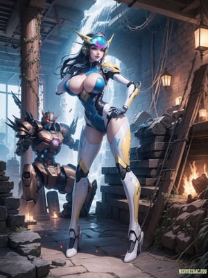 Solo female, ((wearing mecha suit+robotic suit completely white, with blue parts, more yellow lights, suit with attached weapons, gigantic breasts, wearing cybernetic helmet with visor)), mohawk hair, blue hair, messy hair, hair with ponytail, looking directly at the viewer, she is, in a dungeon, with a waterfall, large stone altars, stone structures, machines, robots, large altars of ancient gods, figurines, Super Metroid, ultra technological, Zelda, Final Fantasy,  world_of_warcraft, UHD, best possible quality, ultra detailed, best possible resolution, Unreal Engine 5, professional photography, she is (((Sensual pose with interaction and leaning on anything+object+on something+leaning against))), better_hands, ((full body)), More detail