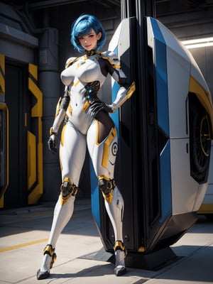 1cybernetic warrior woman, black cybernetic armor with gold parts+white mecha suit, tight suit on the body, gigantic breasts, bright blue hair, short hair, hair with bangs in front of the eyes, helmet on the head, looking at the viewer, (((erotic pose interacting and leaning [on something in the environment|on an object]))), in a secret location with several machines,  computers, robots, vehicles, windows, ((full body):1.5), 16k, UHD, best possible quality, ultra detailed, best possible resolution, Unreal Engine 5, professional photography, well-detailed fingers, well-detailed hand, perfect_hands