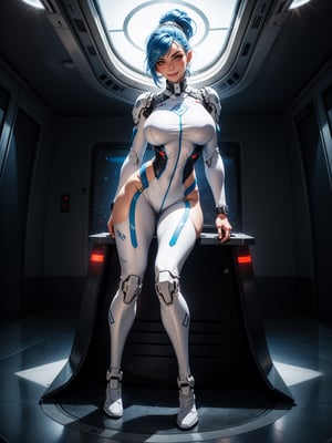 A woman, white robotic suit with blue couplings, suit with circular lights, very tight costume, monstrously giant breasts, blue hair, short hair, hair with ponytail, helmet on the head, looking at the viewer, (((erotic pose interacting and leaning [on something|on an object]))), in an aircraft with many machines, equipment, window, ((full body):1.5),  16k, UHD, best possible quality, ultra detailed, best possible resolution, Unreal Engine 5, professional photography, fingers and well-structured hand, well-detailed fingers, well-detailed hand, perfect_hands, perfect