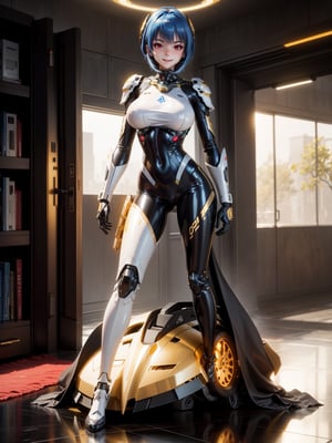 1cybernetic warrior woman, black cybernetic armor with gold parts+white mecha suit, tight suit on the body, gigantic breasts, bright blue hair, short hair, hair with bangs in front of the eyes, helmet on the head, looking at the viewer, (((erotic pose interacting and leaning [on something in the environment|on an object]))), in a secret location with several machines,  computers, robots, vehicles, windows, ((full body):1.5), 16k, UHD, best possible quality, ultra detailed, best possible resolution, Unreal Engine 5, professional photography, well-detailed fingers, well-detailed hand, perfect_hands, ((mecha style))