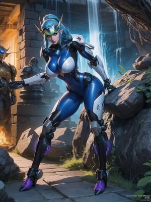 Solo female, ((wearing mecha suit+robotic suit completely white, with blue parts, more yellow lights, suit with attached weapons, gigantic breasts, wearing cybernetic helmet with visor)), mohawk hair, blue hair, messy hair, hair with ponytail, looking directly at the viewer, she is, in a dungeon, with a waterfall, large stone altars, stone structures, machines, robots, large altars of ancient gods, figurines, Super Metroid, ultra technological, Zelda, Final Fantasy, worldofwarcraft, UHD, best possible quality, ultra detailed, best possible resolution, Unreal Engine 5, professional photography, she is (((sensual pose with interaction and leaning on anything+object+on something+leaning against))), better_hands, (full body), More detail