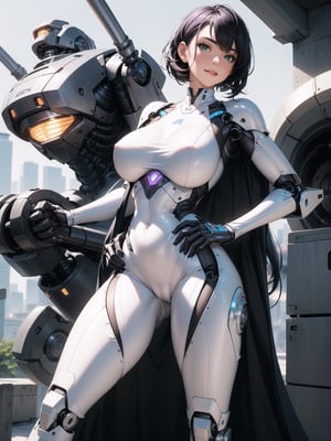 A woman, wearing mecha+armor mecha+robotic armor, white suit with purple parts, very tight and tight suit on the body, gigantic breasts, short hair, blue hair, c hair fastened with fastener, hair with bangs in front of the eyes, hair straight, (((looking at the viewer, sensual pose+Interacting+leaning on anything+object+leaning against))) in a laboratory of scientific experiments,  with many machines, glass reservoirs with alien bodies, many computers, equipment, ((full_body):1.4), 16K, UHD, unreal engine 5, quality max, max resolution, ultra-realistic, ultra-detailed, maximum sharpness, ((perfect_hands, perfect_legs)), Goodhands-beta2, ((gigantic breasts, Alien, robotic body, cybernetic armor))
