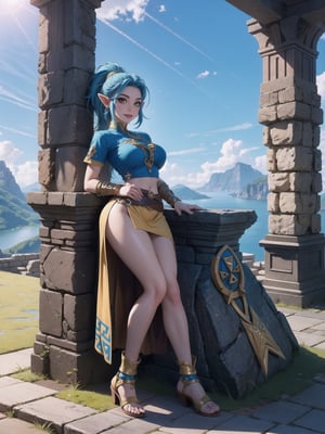 Solo woman, blue T-shirt with Golden parts, short white skirt with Golden props, ((Hyrule warrior costume)), gigantic breasts, mohawk hair, blue hair, messy hair, hair with ponytail, looking directly at the viewer, she is, on a mountain, with many monsters, robots, large ancient machines, many stones, 1water, large pillars, stone altars, zelda tears of the kingdom, 16K, UHD, best possible quality, ultra detailed, best possible resolution, Unreal Engine 5, professional photography, she is, (((iInteracting and leaning on anything+object+on something+leaning against+sensual pose))), better_hands, ((full body)), More detail