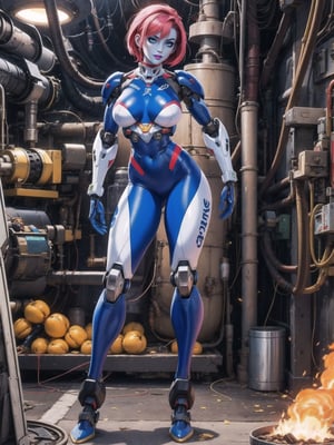 A woman, ((all-white mecha costume with red parts + metallic cybernetic armor with lights, costume covering everything)), very tight suit and stuck to the body. Gigantic breasts, very short hair, pink hair, mohawk hair, hair with bangs in front of the eyes. Looking directly at the viewer, in a nuclear power plant, with many radiation machines, computers, forging machines, loading vehicles. ((sensual pose with interaction and leaning on anything + object+on something + leaning against)) + present in a nuclear power plant, ((nuclear, mecha, robotic limbs)), 16K, UHD, Unreal Engine 5, (full body:1.5), quality max, max resolution, ultra-realistic, maximum sharpness, More detail, perfect_legs, perfect_thighs, perfect_feet, perfect_hands, better_hands. (blue skin)