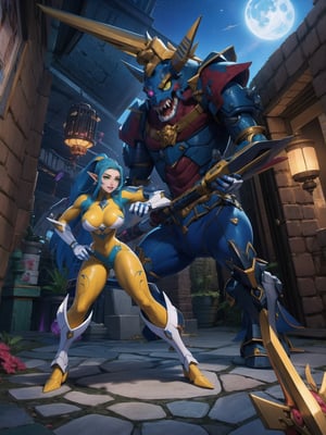 Solo woman, ((mecha costume all white, parts in blue, lights in yellow, gigantic breasts)), mohawk hair, blue hair, messy hair, hair with ponytail, looking directly at the viewer, she is, in a very old dungeon at the top of the mountains at night, with many altars, slimes, large weapons, metal Golems, heavy weapons, large stones, scaly monsters, super metroid, ultra technological, warcraft, zelda breath of the wild, 16K, UHD, best possible quality, ultra detailed, best possible resolution, Unreal Engine 5, super metroid, professional photography, she is, (((Sensual pose with interaction and leaning on anything+object+on something+leaning against))), better_hands, More detail, ((full body))