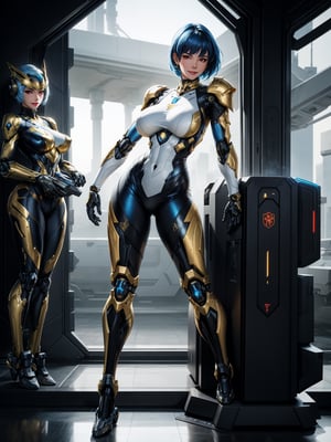 1cybernetic warrior woman, black cybernetic armor with gold parts+white mecha suit, tight suit on the body, gigantic breasts, bright blue hair, short hair, hair with bangs in front of the eyes, helmet on the head, looking at the viewer, (((erotic pose interacting and leaning [on something in the environment|on an object]))), in a secret location with several machines,  computers, robots, vehicles, windows, ((full body):1.5), 16k, UHD, best possible quality, ultra detailed, best possible resolution, Unreal Engine 5, professional photography, well-detailed fingers, well-detailed hand, perfect_hands, ((mecha style))