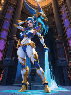 Solo woman, ((mecha costume all white, parts in blue, lights in yellow, gigantic breasts)), mohawk hair, blue hair, messy hair, hair with ponytail, looking directly at the viewer, she is, in a very old dungeon at the top of the mountains at night, with many altars, slimes, large weapons, metal Golems, heavy weapons, large stones, scaly monsters, super metroid, ultra technological, warcraft, zelda breath of the wild, 16K, UHD, best possible quality, ultra detailed, best possible resolution, Unreal Engine 5, super metroid, professional photography, she is, (((Sensual pose with interaction and leaning on anything+object+on something+leaning against))), better_hands, ((full body)), More detail, 