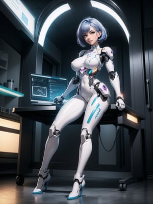 A woman, wearing mecha+armor mecha+robotic armor, white suit with purple parts, very tight and tight suit on the body, gigantic breasts, short hair, blue hair, c hair fastened with fastener, hair with bangs in front of the eyes, hair straight, (((looking at the viewer, sensual pose+Interacting+leaning on anything+object+leaning against))) in a laboratory of scientific experiments,  with many machines, glass reservoirs with alien bodies, many computers, equipment, ((full body)), 16K, UHD, unreal engine 5, quality max, max resolution, ultra-realistic, ultra-detailed, maximum sharpness, ((perfect_hands, perfect_legs)), Goodhands-beta2, ((gigantic breasts, Alien, robotic body, cybernetic armor))