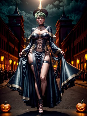 1woman, wearing black witch outfit with golden bands, extremely tight and erotic clothing, absurdly giant breasts, green hair, mohawk hair, extremely short hair, hair with bangs in front of the eyes, black witch hat on the head, looking at the viewer, (((erotic pose interacting and leaning on something))), in a city having party altars, pumpkins,  lamps illuminating the city, macabre city background having halloween party by night, ((full body):1.5), 16k, UHD, best possible quality, ((ultra detailed):1), best possible resolution, Unreal Engine 5, professional photography, perfect_hands