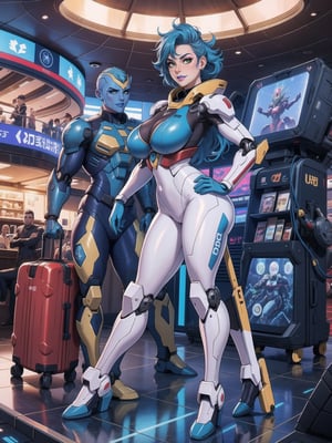 Solo woman, wearing mecha suit+cybernetic armor+gundam suit, all white with parts in blue, gigantic breasts, mohawk hair, blue hair, messy hair, looking directly at the viewer, she is, in an alien airport, with many machines, many aliens, many people transiting, glass table, chair, luggage carts, ((futuristic, ultra-technological)), 16K, UHD, best possible quality, ultra detailed, best possible resolution, Unreal Engine 5, professional photography, she is, (((Sensual pose with interaction and leaning on anything+object+on something+leaning against))), better_hands, More detail, ((full body)),