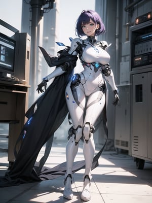 A woman, wearing mecha+armor mecha+robotic armor, white suit with purple parts, very tight and tight suit on the body, gigantic breasts, short hair, blue hair, c hair fastened with fastener, hair with bangs in front of the eyes, hair straight, (((looking at the viewer, sensual pose+Interacting+leaning on anything+object+leaning against))) in a laboratory of scientific experiments,  with many machines, glass reservoirs with alien bodies, many computers, equipment, ((full_body):1.5), 16K, UHD, unreal engine 5, quality max, max resolution, ultra-realistic, ultra-detailed, maximum sharpness, ((perfect_hands, perfect_legs)), Goodhands-beta2, ((gigantic breasts, Alien, robotic body, cybernetic armor))