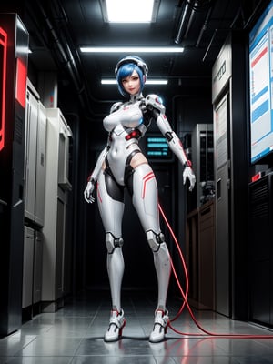 A woman, cybernetic + mecha suit, white suit with red attachments, suit with lights, very tight suit, ((robotic body parts)), gigantic breasts, blue hair, short hair with a mohawk and ponytail, ((cybernetic helmet on her head)), looking at the viewer, ((posing with interaction and leaning on [something|an object])), in a subway with computers, radiation machines, structures, robots, ((full body):1.5), 16k, UHD, best possible quality, ultra detailed, best possible resolution, Unreal Engine 5, professional photography, hand and fingers well done, well-structured fingers and hands, well-detailed fingers, well-detailed hand, perfect_hands, perfect, ((cyberpunk))