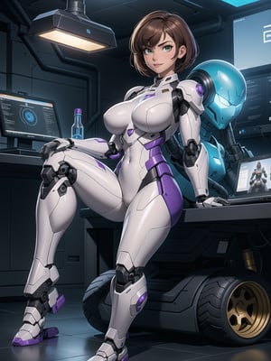 A woman, wearing mecha suit+mecha armor+robotic armor, white suit with purple parts, gigantic breasts, brown hair, short hair, hair fastened with fastener, hair with bangs in front of the eyes, smooth hair, (((looking at the viewer, sensual pose+Interacting+leaning on anything+object+leaning against))) in a laboratory of scientific experiments, with many machines,  glass reservoirs with alien bodies, many computers, equipment, ((full body)), 16K, UHD, unreal engine 5, quality max, max resolution, ultra-realistic, ultra-detailed, maximum sharpness, ((perfect_hands, perfect_legs)), Goodhands-beta2, ((Alien, robotic body, cybernetic armor))