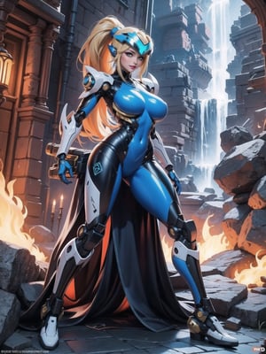 Solo female, ((wearing mecha suit+robotic suit completely white, with blue parts, more yellow lights, suit with attached weapons, gigantic breasts, wearing cybernetic helmet with visor)), mohawk hair, blue hair, messy hair, hair with ponytail, looking directly at the viewer, she is, in a dungeon, with a waterfall, large stone altars, stone structures, machines, robots, large altars of ancient gods, figurines, Super Metroid, ultra technological, Zelda, Final Fantasy, worldofwarcraft, UHD, best possible quality, ultra detailed, best possible resolution, Unreal Engine 5, professional photography, she is (((iInteracting and leaning on anything+object+on something+leaning against+sensual pose))), better_hands, ((full body)), More detail