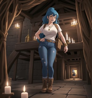An underground-adventure masterpiece with realistic details, rendered in ultra-high resolution. | A young 22-year-old woman with blue hair and yellow eyes is dressed in an adventurer's outfit. The white t-shirt, jeans and brown leather boots highlight her athletic and agile figure. She also wears a brown backpack, a rope and accessories such as a golden heart pendant and a brown leather bracelet, which demonstrate her determination and adventurous spirit. The young woman smiles at the viewer, showing her white teeth and wearing black lipstick, creating a charming contrast with her strong and pioneering appearance. | The scene takes place in a temple inside a cave, lit by candles spread throughout the room. The concrete, rock, wooden and metal structures create an ancient and mysterious atmosphere. The young woman stands out in the midst of this underground scene, adding a layer of beauty and emotion to the image. | Soft, warm lighting effects create an adventurous mood, while detailed textures on clothing, accessories and set elements add realism to the masterpiece. | An exciting and compelling scene of a young adventurer in a temple inside a cave, exploring themes of adventure, mystery, history and courage. | (((((The image reveals a full-body shot as she assumes a sensual pose, engagingly leaning against a structure within the scene in an exciting manner. She takes on a sensual pose as she interacts, boldly leaning on a structure, leaning back in an exciting way.))))). | ((full-body shot)), ((perfect pose)), ((perfect fingers, better hands, perfect hands)), ((perfect legs, perfect feet)), ((huge breasts)), ((perfect design)), ((perfect composition)), ((very detailed scene, very detailed background, perfect layout, correct imperfections)), More Detail, Enhance