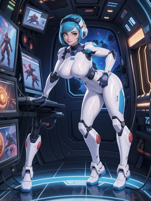 a woman, wearing an all-white mecha suit with blue parts+cybernetic armor+robotic suit, gigantic breasts, wearing a helmet on her head with a visor, blue hair, short hair, mohawk hair, hair with bangs in front of her eyes, looking directly at the viewer, (((sensual pose+Interacting+leaning on anything+object+leaning against))), in a space aircraft, with many machines, large structures, computers, windows, elevators, light pipes, robots, 16K, UHD, (full body:1.5), unreal engine 5, super metroid, quality max, max resolution, ultra-realistic, ultra-detailed, maximum sharpness, perfect_hands, better_hands, more detail,