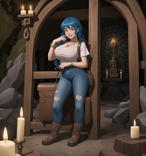 An underground-adventure masterpiece with realistic details, rendered in ultra-high resolution. | A young 22-year-old woman with blue hair and yellow eyes is dressed in an adventurer's outfit. The white t-shirt, jeans and brown leather boots highlight her athletic and agile figure. She also wears a brown backpack, a rope and accessories such as a golden heart pendant and a brown leather bracelet, which demonstrate her determination and adventurous spirit. The young woman smiles at the viewer, showing her white teeth and wearing black lipstick, creating a charming contrast with her strong and pioneering appearance. | The scene takes place in a temple inside a cave, lit by candles spread throughout the room. The concrete, rock, wooden and metal structures create an ancient and mysterious atmosphere. The young woman stands out in the midst of this underground scene, adding a layer of beauty and emotion to the image. | Soft, warm lighting effects create an adventurous mood, while detailed textures on clothing, accessories and set elements add realism to the masterpiece. | An exciting and compelling scene of a young adventurer in a temple inside a cave, exploring themes of adventure, mystery, history and courage. | (((((The image reveals a full-body shot as she assumes a sensual pose, engagingly leaning against a structure within the scene in an exciting manner. She takes on a sensual pose as she interacts, boldly leaning on a structure, leaning back in an exciting way.))))). | ((full-body shot)), ((perfect pose)), ((perfect fingers, better hands, perfect hands)), ((perfect legs, perfect feet)), ((huge breasts)), ((perfect design)), ((perfect composition)), ((very detailed scene, very detailed background, perfect layout, correct imperfections)), More Detail, Enhance