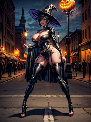 1woman, wearing black witch outfit with golden bands, extremely tight and erotic clothing, absurdly giant breasts, green hair, mohawk hair, extremely short hair, hair with bangs in front of the eyes, black witch hat on the head, looking at the viewer, (((erotic pose interacting and leaning on something))), in a city having party with large structures,  large structures, pumpkins, lamps illuminating the city, macabre city background having halloween party by night, ((full body):1.5), 16k, UHD, best possible quality, ((ultra detailed):1), best possible resolution, Unreal Engine 5, professional photography, perfect_hands