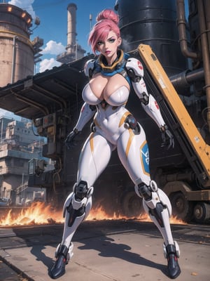 A woman, all-white mecha costume with red parts+metallic cybernetic armor with lights, costume covering everything, very tight suit and stuck to the body. Gigantic breasts, very short hair, pink hair, mohawk hair, hair with bangs in front of the eyes. Looking directly at the viewer, in a nuclear power plant, with many radiation machines, computers, forging machines, loading vehicles. ((sensual pose with interaction and leaning on anything + object+on something + leaning against)) + present in a nuclear power plant, ((nuclear, mecha, robotic limbs)), 16K, UHD, Unreal Engine 5, (full body:1.5), quality max, max resolution, ultra-realistic, maximum sharpness, More detail, perfect_legs, perfect_thighs, perfect_feet, perfect_hands, better_hands,