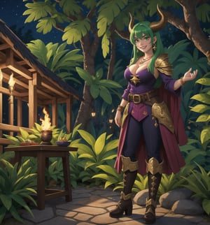 Image in 8K resolution with Fantasy, Concept Art, Illustration, and Magic Realism styles. | Jane, a 34-year-old demon woman, is positioned in a tropical tropical tropical forest at night. She wears a feminine demonic warrior outfit, consisting of black and purple armor with gold details, tall boots, and gloves. Her green hair is in a short cut with a large bang, while her green eyes look happily, revealing a smile that shows her sharp teeth. She also has accessories such as a belt with bags, a necklace with a star-shaped pendant, bracelets with spikes, and earrings in the shape of horns. | The composition of the image highlights Jane's imposing figure and the architectural elements of the forest, such as wooden structures, rock formations, metal structures, trees with houses at the top, suspended bridges, stone sculptures in the shape of animals, and lit torches. The luminescent plants create dramatic shadows and emphasize the details of the scene. | The soft and mysterious lighting effects create an enchanting and supernatural atmosphere, while rough and detailed textures on the armor, accessories, and architectural elements add realism to the image. | A cheerful and mysterious scene of Jane, a demon woman in a tropical tropical tropical forest, blending elements of fantasy, concept art, and magic realism. | (((((The image reveals a full-body_shot as she assumes a relaxed_pose, engagingly leaning against a structure within the scene in an relaxed manner. She takes on a relaxed_pose as she interacts, boldly leaning on a structure, leaning back in an relaxed way))))) | ((perfect anatomy, perfect body, perfect_pose)), ((full-body_shot)), ((perfect fingers, better hands, perfect hands, perfect legs, perfect feet)), ((perfect design)), ((correct errors):1.2), ((perfect composition)), ((very detailed scene, very detailed background, correct imperfections, perfect layout):1.2), ((More Detail, Enhance))
