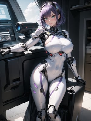 A woman, wearing mecha+armor mecha+robotic armor, white suit with purple parts, very tight and tight suit on the body, gigantic breasts, short hair, blue hair, c hair fastened with fastener, hair with bangs in front of the eyes, hair straight, (((looking at the viewer, sensual pose+Interacting+leaning on anything+object+leaning against))) in a laboratory of scientific experiments,  with many machines, glass reservoirs with alien bodies, many computers, equipment, ((full_body):1.4), 16K, UHD, unreal engine 5, quality max, max resolution, ultra-realistic, ultra-detailed, maximum sharpness, ((perfect_hands, perfect_legs)), Goodhands-beta2, ((gigantic breasts, Alien, robotic body, cybernetic armor))