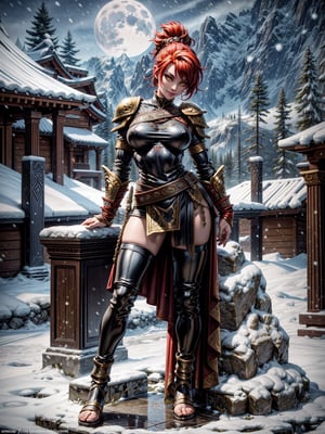 1woman, black armor with golden props, leather skirt with golden props, tight clothing on the body and erotic, absurdly giant breasts, red hair, mohawk hair, extremely short hair, hair with ponytail, hair with bangs in front of the eyes, helmet on the head, looking at the viewer, (((erotic pose interacting and leaning on something))), in an Arcadian temple with large figurines, sculptures, altars, pedestals, mountain background, snowing hard, at night, full moon top left, ((God of War)), ((full body):1.5), 16k, UHD, best possible quality, ((ultra detailed):1), best possible resolution, Unreal Engine 5, professional photography, perfect_hands