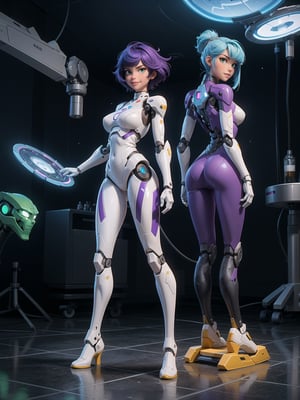 A woman, wearing mecha+armor mecha+robotic armor, white suit with purple parts, very tight and tight suit on the body, gigantic breasts, short hair, blue hair, c hair fastened with fastener, hair with bangs in front of the eyes, hair straight, (((looking at the viewer, sensual pose+Interacting+leaning on anything+object+leaning against))) in a laboratory of scientific experiments,  with many machines, glass reservoirs with alien bodies, many computers, equipment, ((full body)), 16K, UHD, unreal engine 5, quality max, max resolution, ultra-realistic, ultra-detailed, maximum sharpness, ((perfect_hands, perfect_legs)), Goodhands-beta2, ((Alien, robotic body, cybernetic armor))