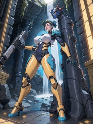 Solo female, ((wearing mecha suit+robotic suit completely white, with blue parts, more yellow lights, suit with attached weapons, gigantic breasts, wearing cybernetic helmet with visor)), mohawk hair, blue hair, messy hair, hair with ponytail, looking directly at the viewer, she is, in a dungeon, with a waterfall, large stone altars, stone structures, machines, robots, large altars of ancient gods, figurines, Super Metroid, ultra technological, Zelda, Final Fantasy, worldofwarcraft, UHD, best possible quality, ultra detailed, best possible resolution, Unreal Engine 5, professional photography, she is (((iInteracting and leaning on anything+object+on something+leaning against+sensual pose))), better_hands, ((full body)), More detail