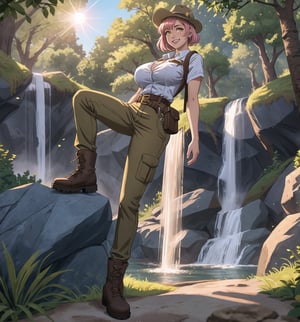 An ultra-detailed 16K masterpiece with adventure and fantasy styles, rendered in ultra-high resolution with realistic details. | A young 23-year-old woman with huge breasts wearing an archaeologist outfit consisting of a khaki shirt, beige cargo pants, brown hiking boots, a brown explorer's hat, a utility belt with digging tools, and a leather backpack brown. Her short pink hair, with a modern and stylish cut, has shiny highlights that reflect the sunlight. Its yellow eyes look at the viewer with a seductive expression, smiling and showing its teeth, with a reddened face. Located in an ancient temple with a waterfall in the background and rocks around. Sunlight filters through the trees, creating a magical atmosphere. Stone structures, marble columns and ancient sculptures adorn the scene. | The image highlights the imposing figure of the young archaeologist and the architectural elements of the temple. The stone structures, marble columns and ancient sculptures, along with the archaeologist, waterfall, rocks and sunlight, create a magical and adventurous environment. The sun's rays filtering through the trees create dramatic shadows and highlight the details of the scene. | Soft, natural lighting effects create a relaxing and mysterious atmosphere, while detailed textures on structures and costumes add realism to the image. | A relaxing and adventurous scene of a young archaeologist in an ancient temple, fusing elements of adventure and fantasy. |(((The image reveals a full-body shot as the young woman assumes a sensual pose, engagingly leaning against a structure within the scene in an exciting manner. She takes on a sensual pose as she interacts, boldly leaning on a structure, leaning back and boldly throwing herself onto the structure, reclining back in an exhilarating way.))). | ((((full-body shot)))), ((perfect pose)), ((perfect arms):1.2), ((perfect limbs, perfect fingers, better hands, perfect hands, hands)), ((perfect legs, perfect feet):1.2), the young woman has (((perfect breasts, firm breasts, saggy breasts, huge breasts))), ((perfect design)), ((perfect composition)), ((very detailed scene, very detailed background, perfect layout, correct imperfections)), Enhance, Ultra details, More Detail, ((poakl))