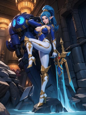 Solo woman, ((mecha costume all white, parts in blue, lights in yellow, gigantic breasts)), mohawk hair, blue hair, messy hair, hair with ponytail, looking directly at the viewer, she is, in a very old dungeon at the top of the mountains at night, with many altars, slimes, large weapons, metal Golems, heavy weapons, large stones, scaly monsters, super metroid, ultra technological, warcraft, zelda breath of the wild, 16K, UHD, best possible quality, ultra detailed, best possible resolution, Unreal Engine 5, super metroid, professional photography, she is, (((Sensual pose with interaction and leaning on anything+object+on something+leaning against))), better_hands, ((full body)), More detail, 