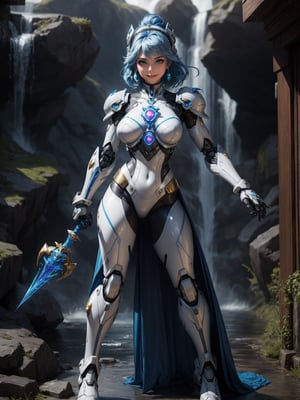 A woman – robot, wearing armor + white robotic suit with blue parts + lights attached, very tight suit, monstrously giant breasts, blue hair, short hair, hair with ponytail, helmet on the head, looking at the viewer, (((erotic pose interacting and leaning [on something|on an object]))), in a cybernetic Greek temple with many altars, structures, waterfalls,  large statues, mountain background with many waterfalls, ((full body):1.5), 16k, UHD, best possible quality, ultra detailed, best possible resolution, Unreal Engine 5, professional photography, well-detailed fingers, well-detailed hand, perfect_hands, ((the robot woman)), ((sant seiya)) + ((kingdom hearts)) + ((super metroid))