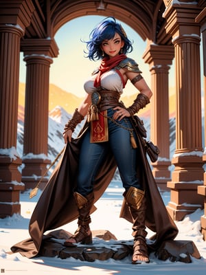 A woman, wearing a warrior's costume made of dark brown leather, white T-shirt, long black leather pants, leather sandals, ((gigantic breasts)), blue hair, very short hair, mohawk hair, hair with bangs in front of the eyes, looking at the viewer, (([pose with interaction and leaning on something|pose with interaction and leaning on a large object])), in a Spartan temple with altars, structures, statues, background of snowy mountains with a beautiful sunset, ((full body):1.5), 16k, UHD, best possible quality, ultra detailed, best possible resolution, Unreal Engine 5, professional photography, well-detailed fingers, well-detailed hand, perfect_hands, perfect, ((god of war))