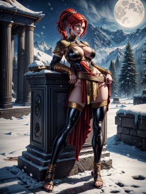 1woman, black armor with golden props, leather skirt with golden props, tight clothing on the body and erotic, absurdly giant breasts, red hair, mohawk hair, extremely short hair, hair with ponytail, hair with bangs in front of the eyes, helmet on the head, looking at the viewer, (((erotic pose interacting and leaning on something))), in an Arcadian temple with large figurines, sculptures, altars, pedestals, mountain background, snowing hard, at night, full moon top left, ((God of War)), ((full body):1.5), 16k, UHD, best possible quality, ((ultra detailed):1), best possible resolution, Unreal Engine 5, professional photography, perfect_hands