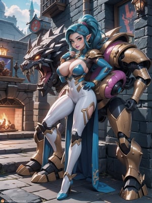 Solo woman, ((mecha costume all white, parts in blue, lights in yellow, costume very tight on the body, gigantic breasts)), mohawk hair, blue hair, messy hair, hair with ponytail, looking directly at the viewer, she is, in a very old dungeon at the top of the mountains at night, with many altars, slimes, large weapons, metal Golems, heavy weapons, large stones, scaly monsters, ((super metroid, ultra technological, warcraft, zelda breath of the wild)), 16K, UHD, best possible quality, ultra detailed, best possible resolution, Unreal Engine 5, super metroid, professional photography, she is, (((Sensual pose with interaction and leaning on anything+object+on something+leaning against))), better_hands, More detail, ((full body))