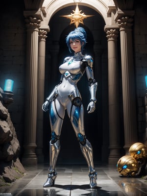 A woman – robot, wearing armor + white robotic suit with blue parts + lights attached, very tight suit, monstrously giant breasts, blue hair, short hair, hair with ponytail, helmet on the head, looking at the viewer, (((erotic pose interacting and leaning [on something|on an object]))), in a cybernetic Greek temple with many altars, structures, waterfalls,  large statues, mountain background with many waterfalls, ((full body):1.5), 16k, UHD, best possible quality, ultra detailed, best possible resolution, Unreal Engine 5, professional photography, well-detailed fingers, well-detailed hand, perfect_hands, ((the robot woman)), ((sant seiya)) + ((kingdom hearts)) + ((super metroid))