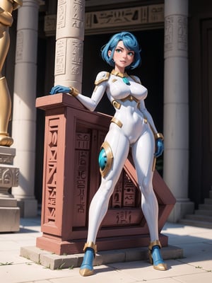 A woman, wearing mecha suit+mecha armor+robotic armor, white suit with parts in red+lights, very tight and tight suit on the body, gigantic breasts, short hair, blue hair, C hair fastened with fastener, hair with bangs in front of eyes, lizo hair, (((looking at the viewer, sensual pose+Interacting+leaning on anything+object+leaning against))) in an Egyptian temple+super metroid, with large structures, technological altars, mechanical structures, full body, 16k, UHD, Unreal Engine 5, quality max, max resolution, ultra-realistic, ultra-detailed, maximum sharpness, ((perfect_hands, perfect_legs)), Goodhands-beta2, ((ancient Egypt+mecha+super_metroid_style)), ((full body))
