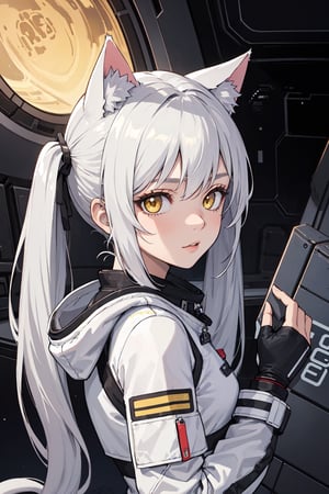 masterpiece, best quality, 1girl, spacecraft interior, spacesuit, upper body, from side, science fiction, yellow eyes, twintails, silver hair, cat ears, looking at viewer,
