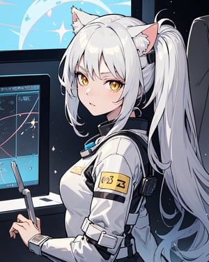masterpiece, best quality, 1girl, spacecraft interior, spacesuit, upper body, from side, science fiction, yellow eyes, twintails, silver hair, cat ears, looking at viewer,
,Tex Mex Burrito Style,1 girl, strong outline line, (anime:1.5)