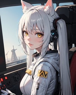 masterpiece, best quality, 1girl, spacecraft interior, spacesuit, upper body, from side, science fiction, yellow eyes, twintails, silver hair, cat ears, looking at viewer,
