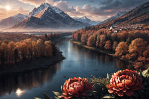 (autumn:1.3) ,sunrise,mountains and a wooden village on river, (Peony flowers on foreground), sunrays, lens flare, 4k highly detailed digital art, 8k hd wallpaper very detailed, impressive fantasy landscape, sci-fi fantasy desktop wallpaper, 4k detailed digital art, sci-fi fantasy wallpaper, epic dreamlike fantasy landscape, 4k hd matte digital painting, 8k stunning artwork,Realistic, realism, hd, 35mm photograph, 8k, dusty atmospheric haze, (natural colors, correct white balance, color correction, dehaze,clarity), realistic, detailed, balanced, by Trey Ratcliff, Klaus Herrmann, Serge Ramelli, Jimmy McIntyre, Elia Locardi,Realistic, realism, hd, 35mm photograph, 8k, , RAW photo, full sharp, wallpapper 8k uhd, dslr, soft lighting, high quality, film grain, Fujifilm XT3, 