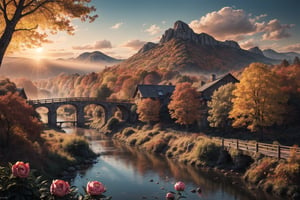 photo RAW,((autumn:1.3) ,sunrise,mountains and a wooden village on river, (Peony flowers on foreground), sunrays, lens flare, 4k highly detailed digital art, 8k hd wallpaper very detailed, impressive fantasy landscape, sci-fi fantasy desktop wallpaper, 4k detailed digital art, sci-fi fantasy wallpaper, epic dreamlike fantasy landscape, 4k hd matte digital painting, 8k stunning artwork,Realistic, realism, hd, 35mm photograph, 8k, dusty atmospheric haze, (natural colors, correct white balance, color correction, dehaze,clarity), realistic, detailed, balanced, by Trey Ratcliff, Klaus Herrmann, Serge Ramelli, Jimmy McIntyre, Elia Locardi,Realistic, realism, hd, 35mm photograph, 8k), masterpiece, award winning photography, natural light, perfect composition, high detail, hyper realistic 