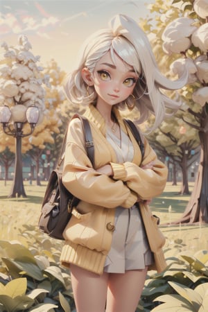 1girl, [thin face:0.8], (blushing), Fulfilled, Delighted, Happy, (yellow cardigan:1.3), young beautiful girl, (shiny skin:1.2), beautiful skin, (pupils sparkling), (white hair), wind blow, scattering of light, BREAK, (autumn, maple leaves, yellow field:1.2), BREAK, (soft focus:1.2) on the Foreground, (Bokeh-filled Foreground:1.3), Shallow Depth of Field, Delicate Blur, Subtle Transitions, Depth and Atmosphere, masterpiece,ultra realistic,32k,extremely detailed CG unity 8k wallpaper, best quality