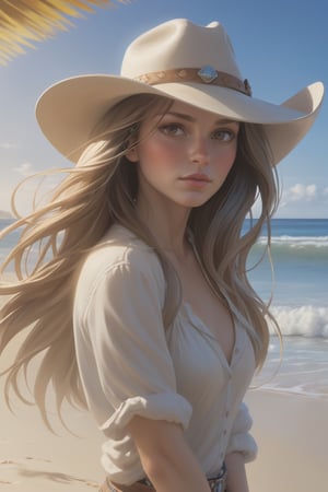 masterpiece, best quality, highres, 1girl, mad1sonbeer, cowboy shot, swept bangs, long hair, dreamlike diffuse ethereal lighting, island, beach, solo focus, 
