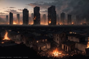 concept art Inspired by Tarkovsky's Stalker, a panoramic shot of a decaying city, drowned in a sea of overgrown vegetation. In the foreground, a lone figure crouched near a small fire, his weary face illuminated by the flickering flames, while around him, towering ruins cast long, haunting shadows in the diffused twilight." . digital artwork, illustrative, painterly, matte painting, highly detailed
