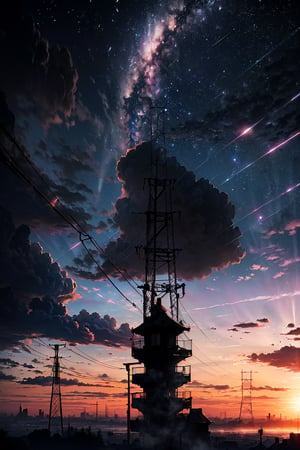 lanscape, amegakure buildings, towers, dawn, cables, heavy rain, purple sky cloud, pipes, electricity, fog, cloudy sky, anime style, ghibli style, ray of lights, ,fantasy_world