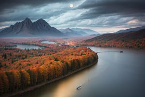 photo RAW,(autumn,mountains and a storm lake with a moon in the sky, old wooden slab home, 4k highly detailed digital art, 4 k hd wallpaper very detailed, impressive fantasy landscape, sci-fi fantasy desktop wallpaper, 4k wallpaper, 4k detailed hdr photography, sci-fi fantasy wallpaper, epic dreamlike fantasy landscape, 4k hd matte, 8k,Realistic, realism, hd, 35mm photograph, 8k), masterpiece, award winning photography, natural light, perfect composition, high detail, hyper realistic, (composition centering, conceptual photography), realistic, detailed, balanced, by Trey Ratcliff, Klaus Herrmann, Serge Ramelli, Jimmy McIntyre, Elia Locardi , detailed, realistic, 8k uhd, high quality