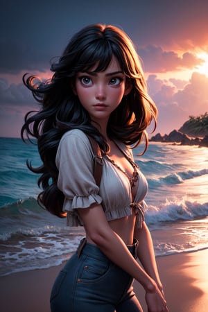 masterpiece, best quality, highres, 1girl, mad1sonbeer, cowboy shot, swept bangs, long hair, dreamlike diffuse ethereal lighting, island, beach, solo focus, 