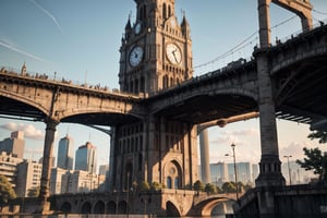 bridge,building,city,clock,gears,realistic,scenery,science_fiction,solo,tower,(best quality:1.4),((masterpiece)),((realistic)),(detailed),(photorealistic:1.4),