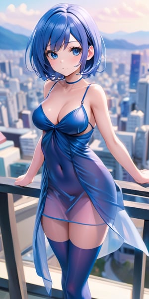 {{{masterpiece}}},1girl, mature female, medium breast,full high definition, full hd,blue medium hair, full pink transparent dress, see-through, tokyo landscape, full body, dynamic pose, looking at the vewer, dynamic angle, thighhighs, wide hips,anime