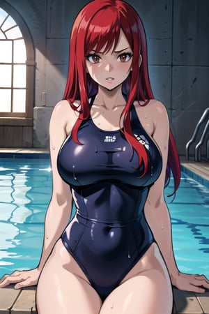 masterpiece, absurdres , (intricate details), cinematic lighting,bust shot,extremely detailed CG unity 8k wallpaper, erza scarlet, red hair, one-piece swimsuit, sunlight, parted lips, looking at viewer, poolside, leaning back, arm support,wet